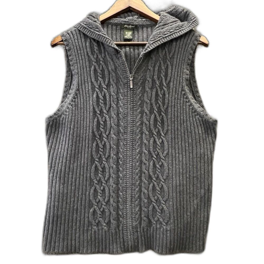 Eddie Bauer vtg Y2K full zip fisherman knit gray sweater vest womens L